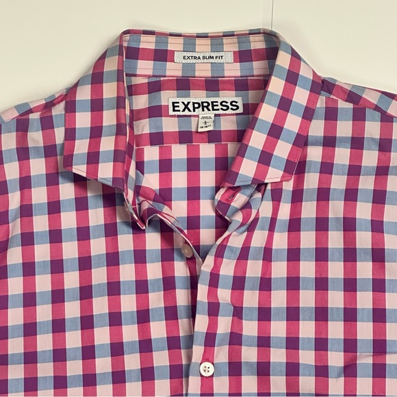 Express Men's Casual Red and Blue Plaid Shirt - Picture 5 of 8